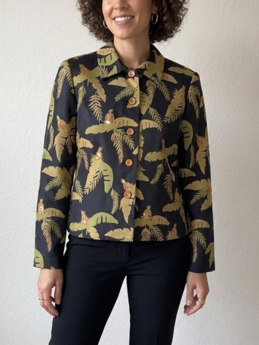 Vintage Maggy L 100% Silk Pineapple Palm Sequin Blazer/Top Size 4 90s Boho